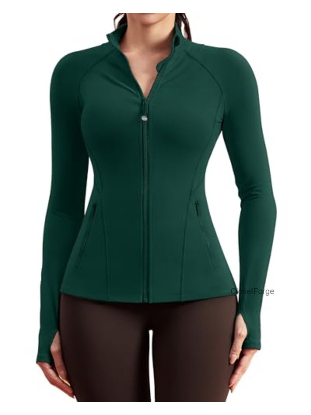 Zip Up Long Sleeve Slim Fit Athletic Gym Running Jacket with Thumb Holes